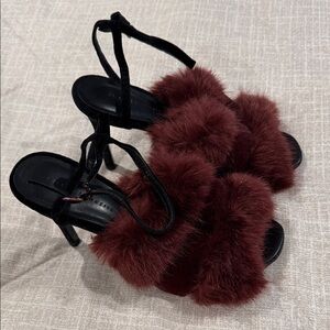 Faux Fur Maroon Strap Heels - Women